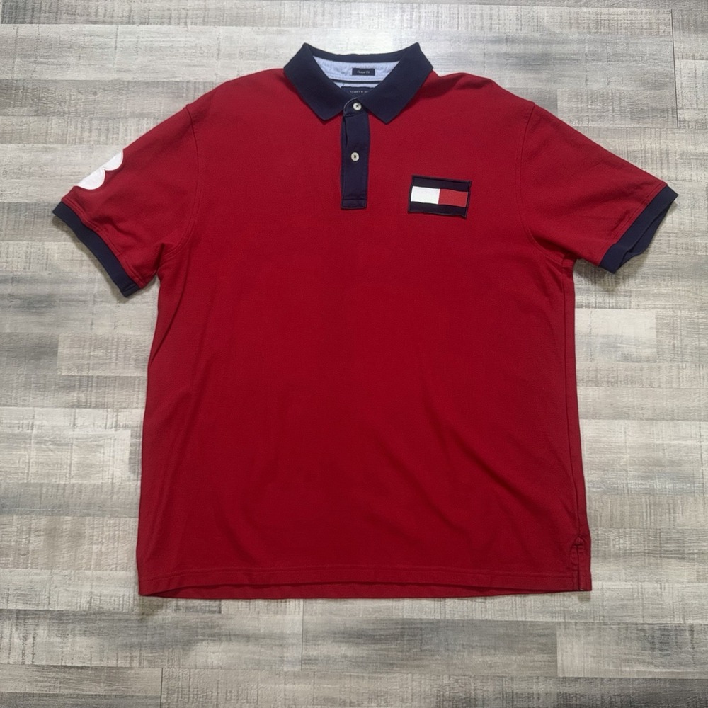 Tommy Hilfiger Mens XL Red Solid Custom Fit Polo Shirt Short Sleeve Big Logo 8